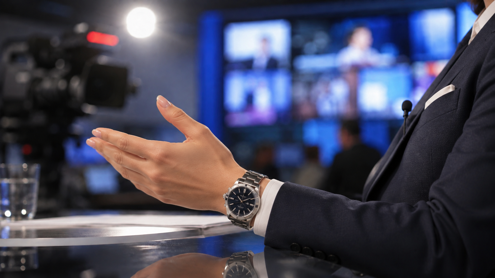 Conduttrice televisiva in studio con orologio al polso