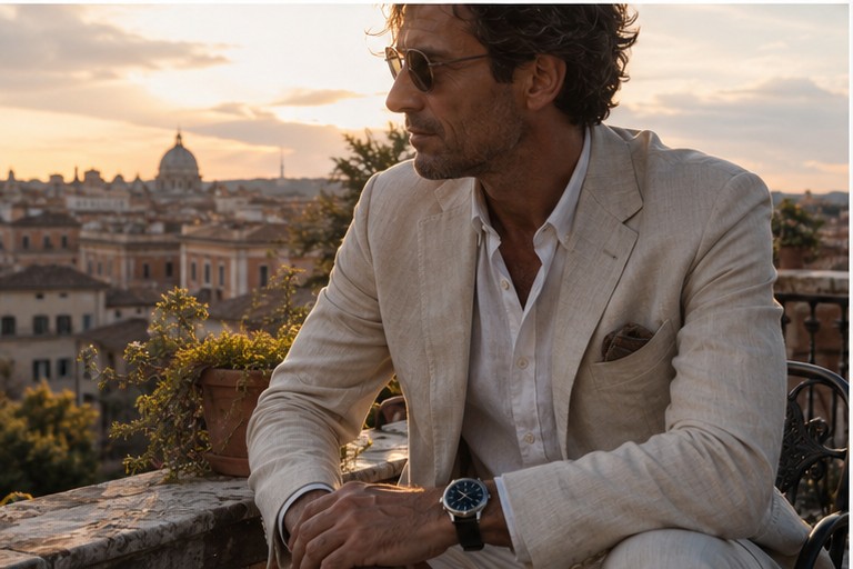 Uomo in abito di lino su una terrazza di Roma con il Rovanti Sovrano al polso